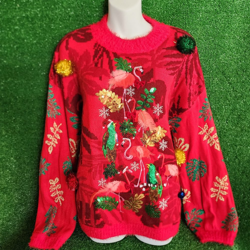 Tropical Holiday Ugly Sweater with Flamingos